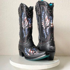 NEW Lane OLD GLORY Womens Western Boots 11 Black Biker Flag USA Studs Snip Toe